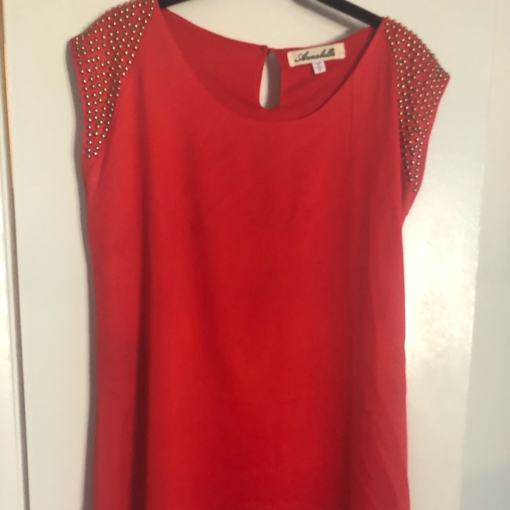 Bright red-orange shift dress with gold details